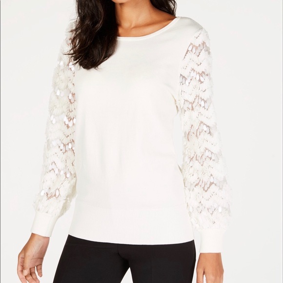 Alfani Sweaters - Alfani Embellished Mesh-Sleeve Sweater,